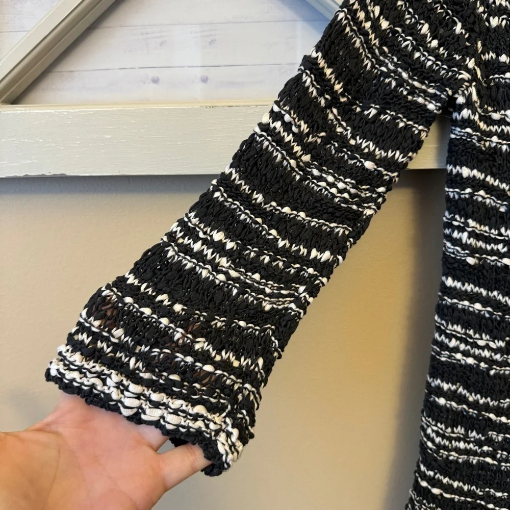 Eileen Fisher Nubbly Cotton Tape Wave Loose Knit Sweater Black and White size XS